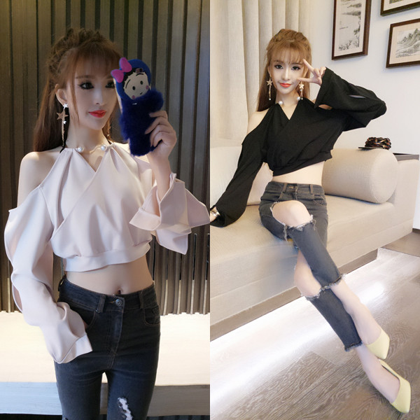 Дамска модерна блуза в два цвята с паднало рамо