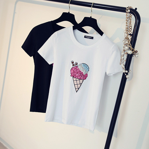 Дамски къс ръкав с илюстрация и пайети в бял и черен цвят