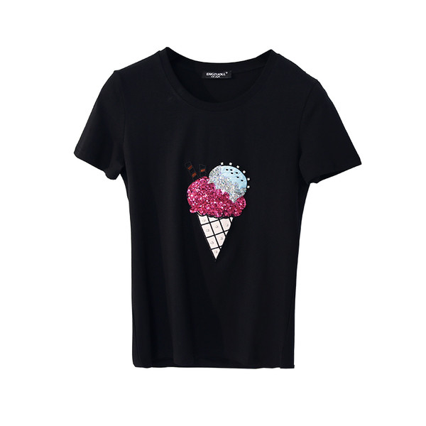 Дамски къс ръкав с илюстрация и пайети в бял и черен цвят