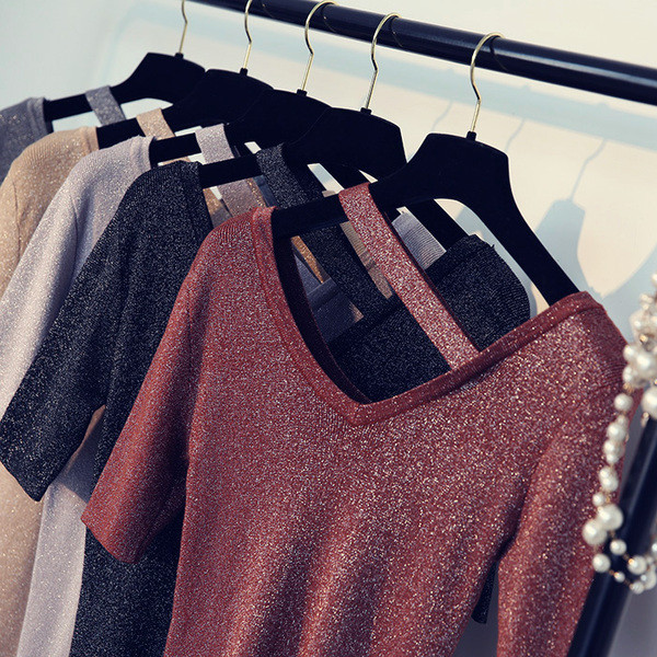 Пролетно-лятна дамска блуза с къс ръкав V-образно деколте с брокат различни цветове