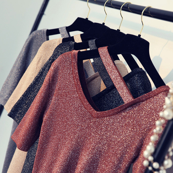 Пролетно-лятна дамска блуза с къс ръкав V-образно деколте с брокат различни цветове