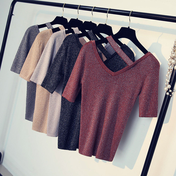 Пролетно-лятна дамска блуза с къс ръкав V-образно деколте с брокат различни цветове