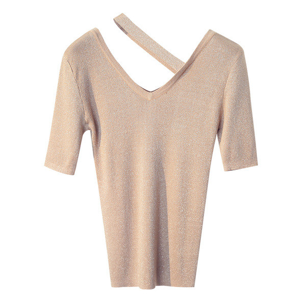 Пролетно-лятна дамска блуза с къс ръкав V-образно деколте с брокат различни цветове