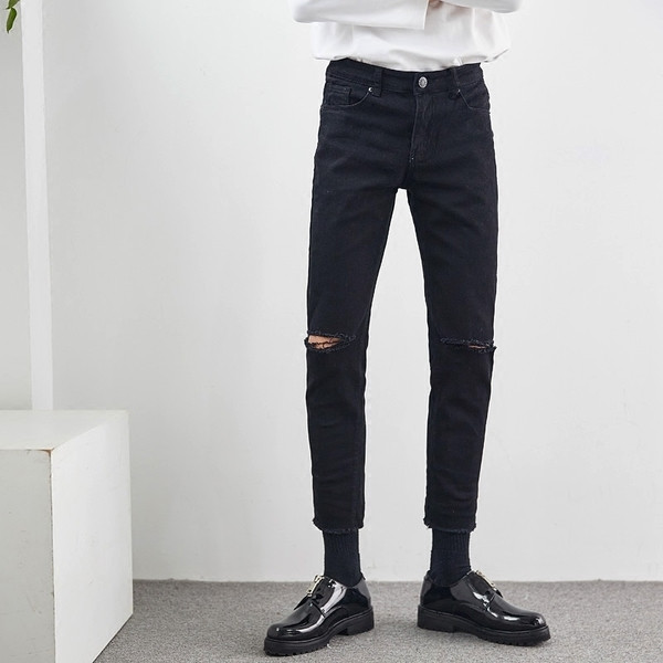 Черни скъсани мъжки панталони с висока талия