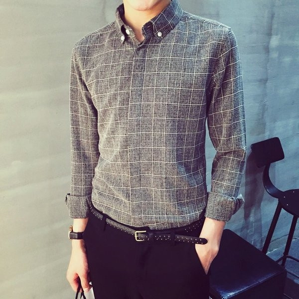 Страхотна карирана мъжка спортно-елегантна сива риза