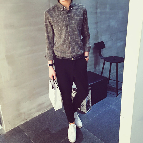 Страхотна карирана мъжка спортно-елегантна сива риза