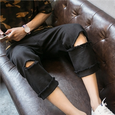 Небрежни мъжки широки панталони - накъсани, бял и черен цвят