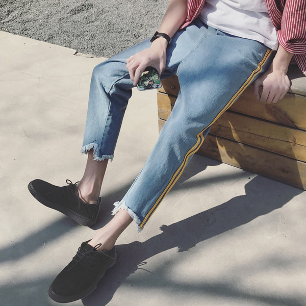 Отпуснати мъжки дънки тип панталон с ленти в 2 цвята