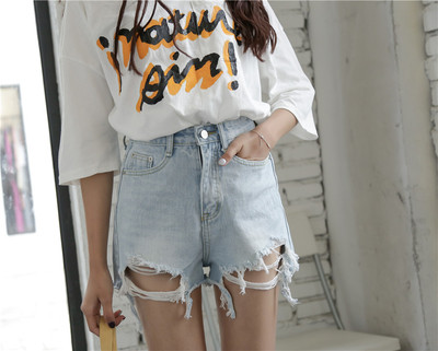 Много стилни къси дамски дънки с висока талия - светлосин и сив цвят