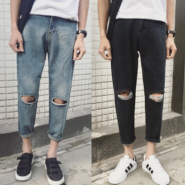 Мъжки дънки 7/8 с цепка на коляното в черен и син цвят