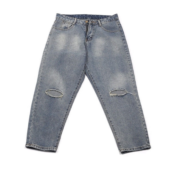 Мъжки дънки 7/8 с цепка на коляното в черен и син цвят