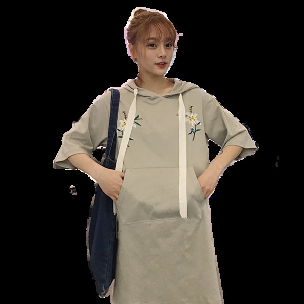 Интересна модерна рокля с качулка, флорални мотиви и висящи връзки