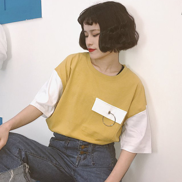 Разноцветна дамска широка тениска с халка и джоб