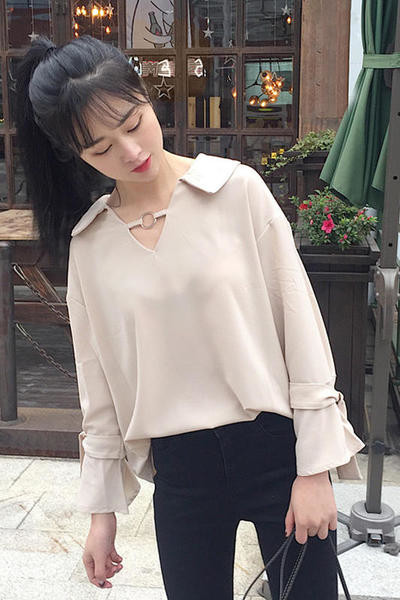 Широка женска копринена риза с обемист ръкав