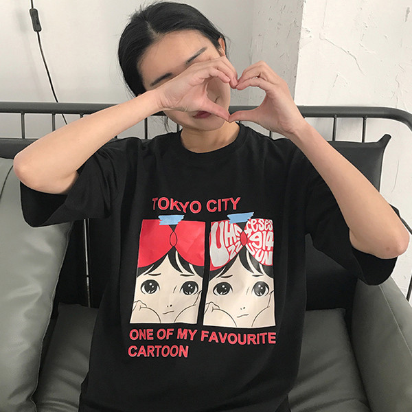 Широка черна дамска тениска с картинка и надписи