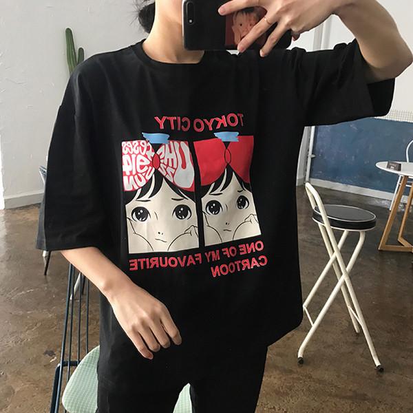 Широка черна дамска тениска с картинка и надписи