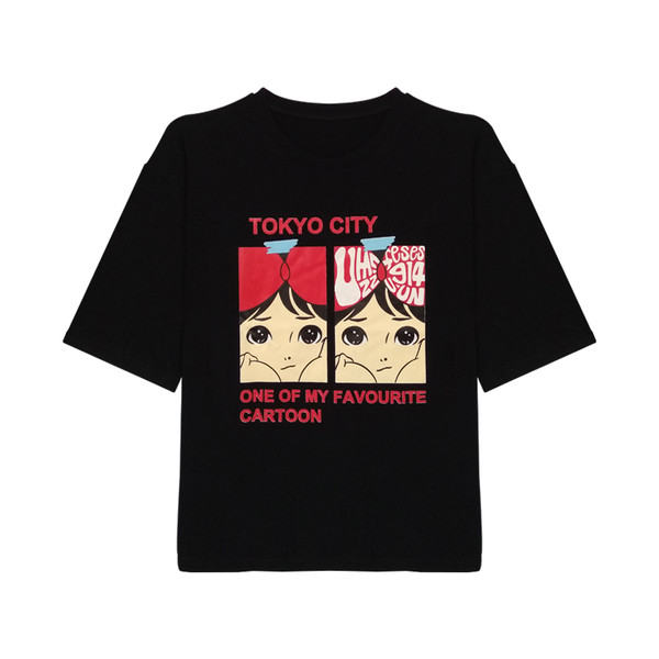 Широка черна дамска тениска с картинка и надписи