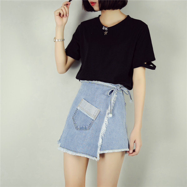 Нова дамска дънкова пола с тънка талия и джоб