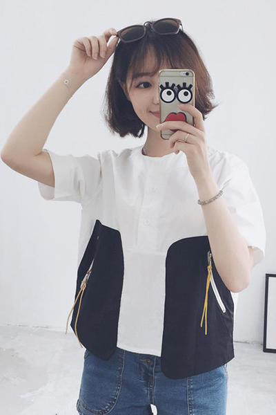 Καθημερινά κυρίες T-shirt με κοντά μανίκια και φερμουάρ και στις δύο πλευρές