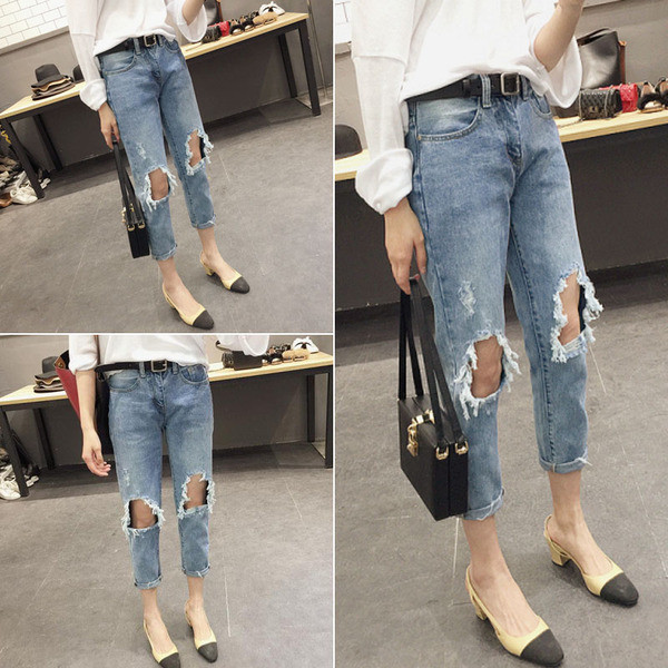 Шалварести женски дънки с разкъсано коляно и крачол 7/8