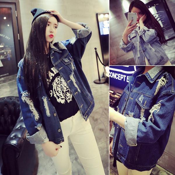 Стилно дамско дънково накъсано яке в светлосин и тъмносин вариант