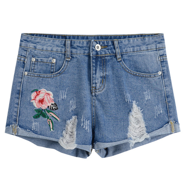 Chic κυρίες καλοκαίρι σύντομη τζιν με κεντημένα τριαντάφυλλα