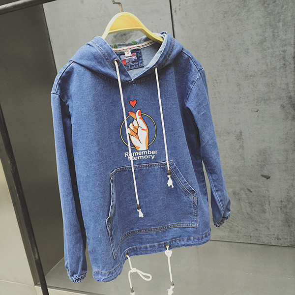 Εξαιρετικό κομψό τζην φούτερ με κουκούλα και κορδόνια