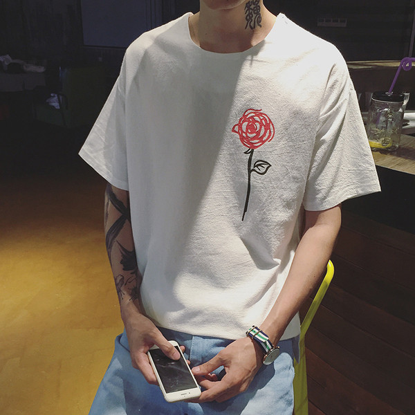 shirt των ανδρών κάνναβης με φαρδιά μανίκια και τριαντάφυλλο σε λευκό και μπλε έκδοση