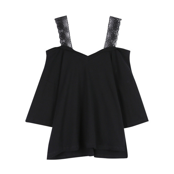 μπλούζα Μεγάλη κυρίες με ιμάντες δαντέλα έναν ώμο και φαρδιά μανίκια