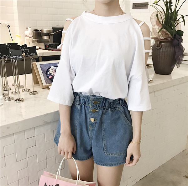 Καθημερινά μπλούζα σε δύο χρώματα με ιμάντες στα μανίκια και ένα ώμο