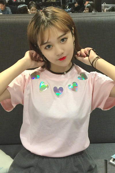 Καθημερινά μπλούζα με κοντά μανίκια και λαμπερό καρδιές λαιμό