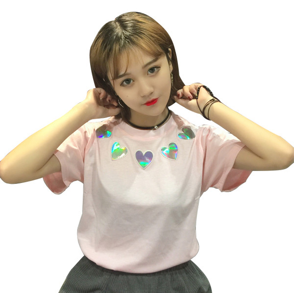 Καθημερινά μπλούζα με κοντά μανίκια και λαμπερό καρδιές λαιμό