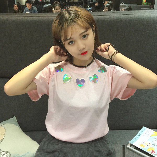 Καθημερινά μπλούζα με κοντά μανίκια και λαμπερό καρδιές λαιμό