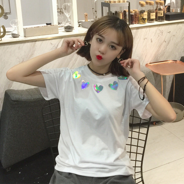 Καθημερινά μπλούζα με κοντά μανίκια και λαμπερό καρδιές λαιμό