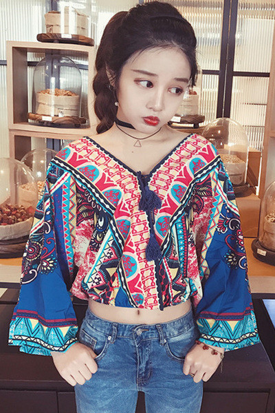 Μεγάλη Κυρίες Μπλούζα με μακριά φαρδιά μανίκια, V-neck