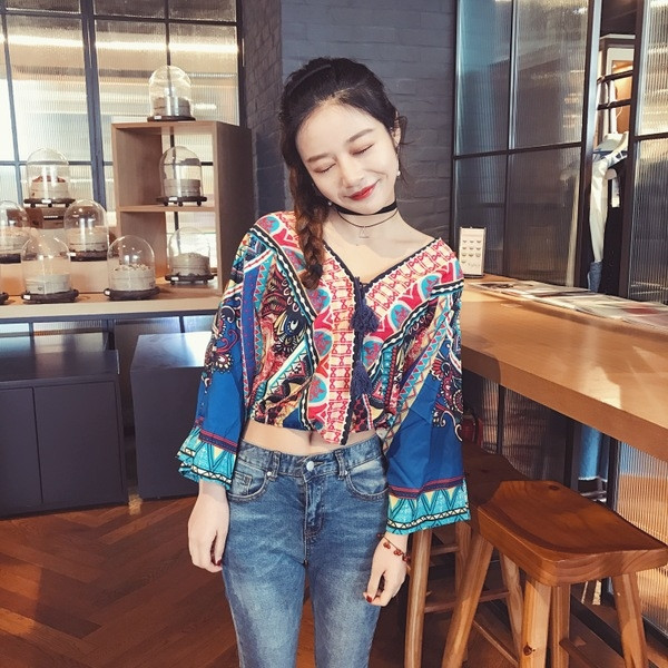 Μεγάλη Κυρίες Μπλούζα με μακριά φαρδιά μανίκια, V-neck