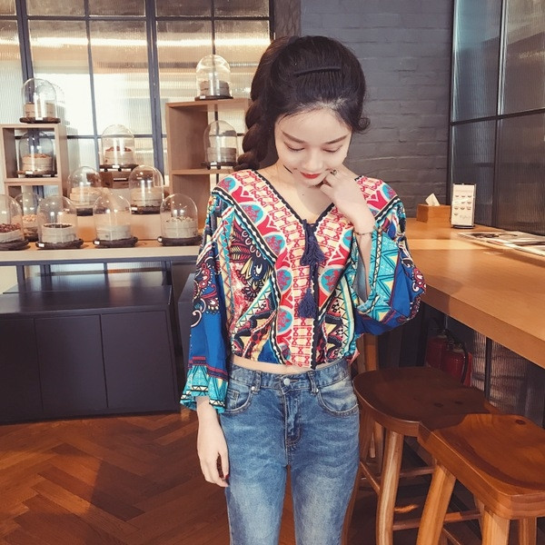 Μεγάλη Κυρίες Μπλούζα με μακριά φαρδιά μανίκια, V-neck