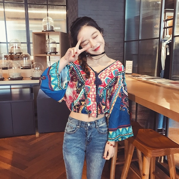 Μεγάλη Κυρίες Μπλούζα με μακριά φαρδιά μανίκια, V-neck