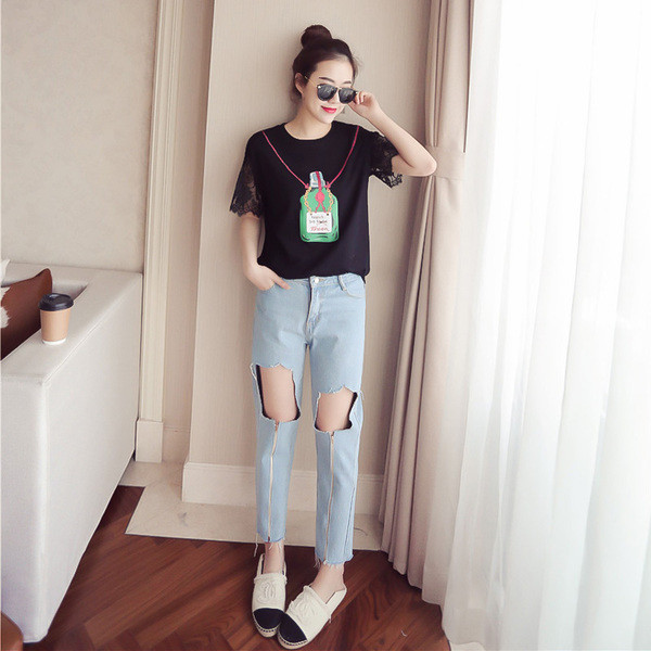 Μοναδικό κυρίες μακρύ μπλούζα με μανίκια δαντέλα και απλικέ