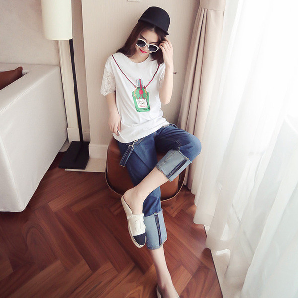 Μοναδικό κυρίες μακρύ μπλούζα με μανίκια δαντέλα και απλικέ