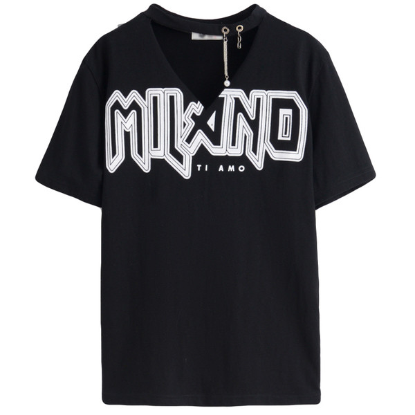 μπλούζα καθημερινές γυναίκες με κοντά μανίκια και μια επιγραφή σε δύο χρώματα