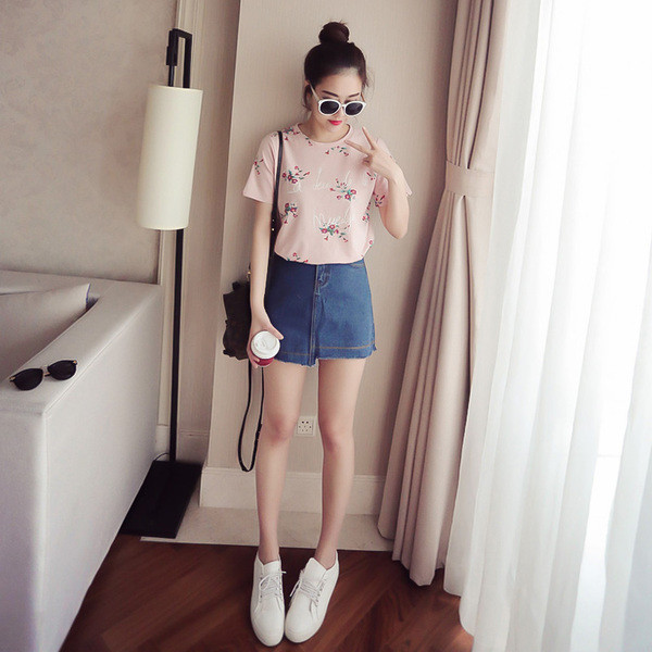 Μεγάλη μπλούζα με κοντά μανίκια άνθος σε δύο χρώματα