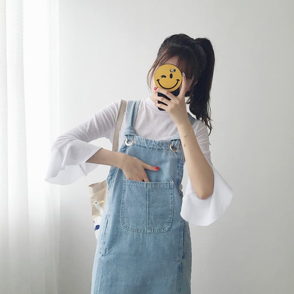 Много свежа дънкова дамска рокличка тип гащеризон