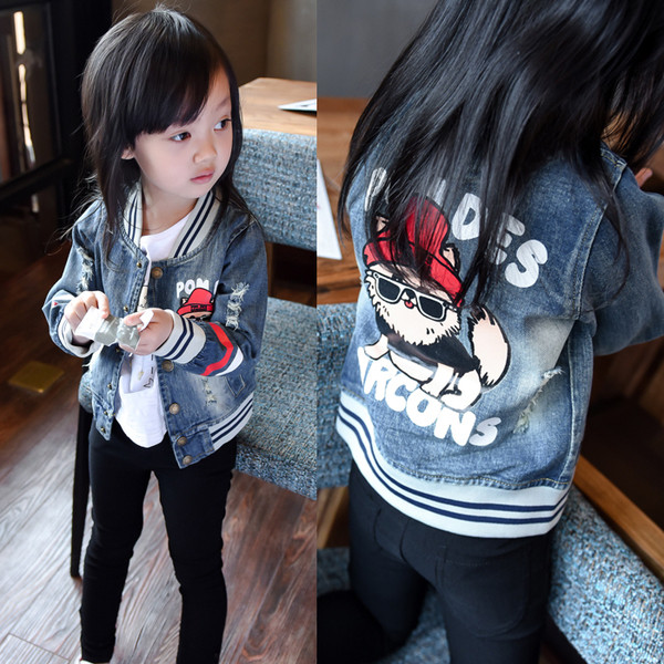 Стилно пролетно-есенно дънково яке за момичета с анимация и ластици