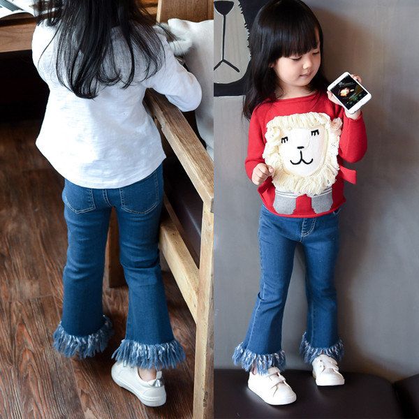 Стилни пролетни дънки за момичета с ластик и симпатични ресни