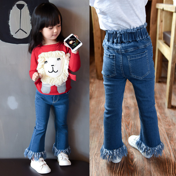 Стилни пролетни дънки за момичета с ластик и симпатични ресни