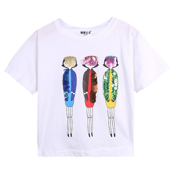 Небрежна лятна тениска за момичета с интересни апликации - бяла