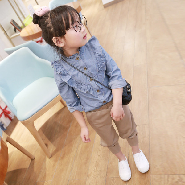 Дънкова ежеднвна ризка с широки ръкави за момиченце 