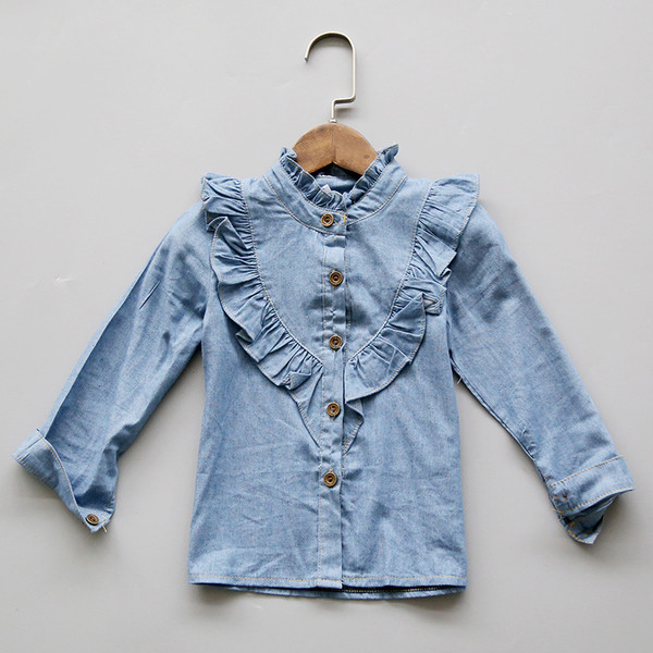 Дънкова ежеднвна ризка с широки ръкави за момиченце 