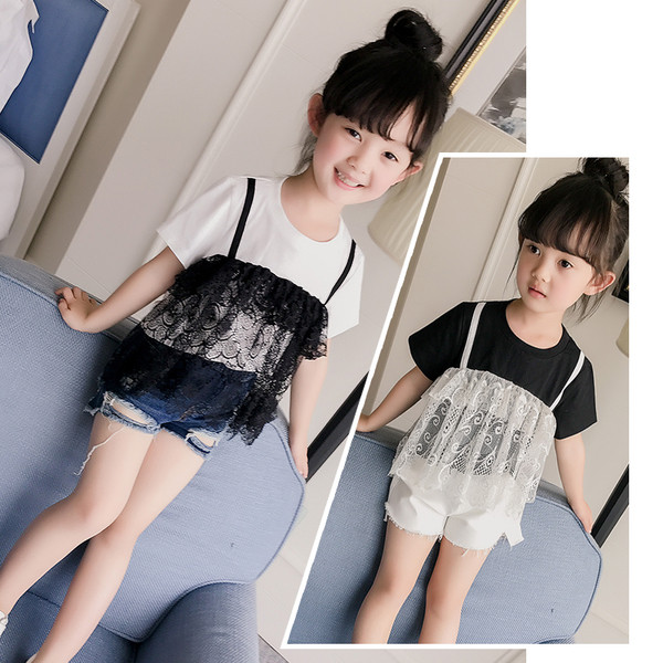 Много интересна тениска за момичета с пришита дантела отпред в бяло и черно